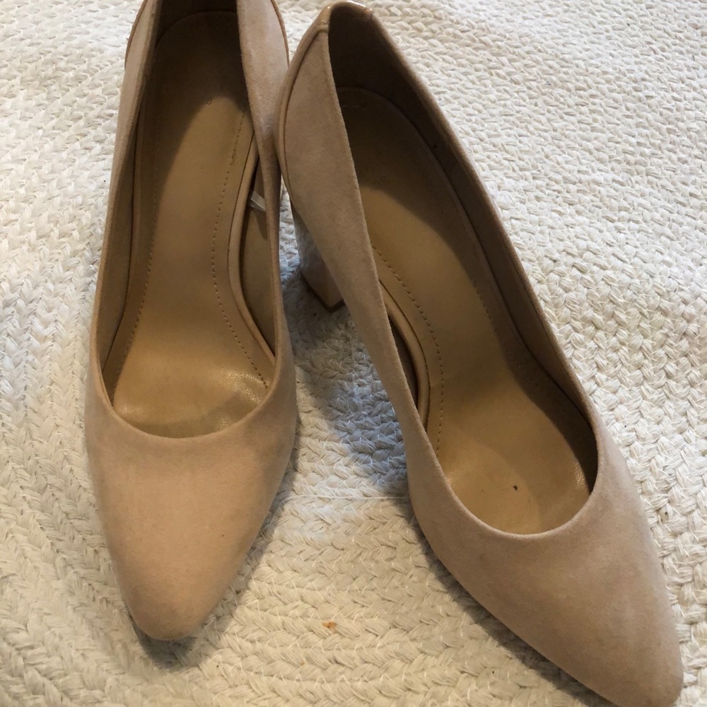 Nude Suede & Patent Leather Block Heel Shoes